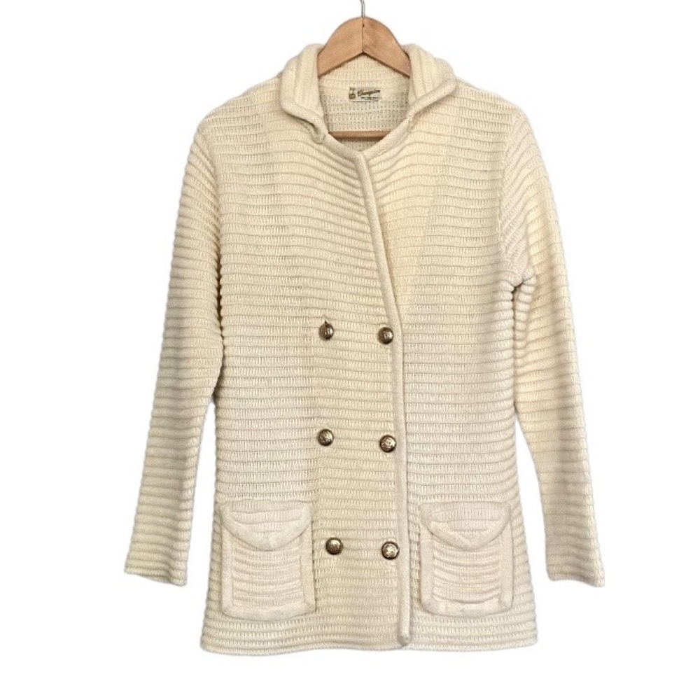 Vintage Ivory Knit Double Breasted Cardigan metallic buttons ribbed collar 80s M